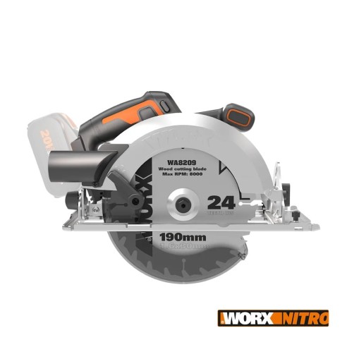 Scie circulaire Brushless 20V Worx | PowerShare | WX520.9 - Sans batterie, ni chargeur | Moteur sans balais, coupe en biseau, ba