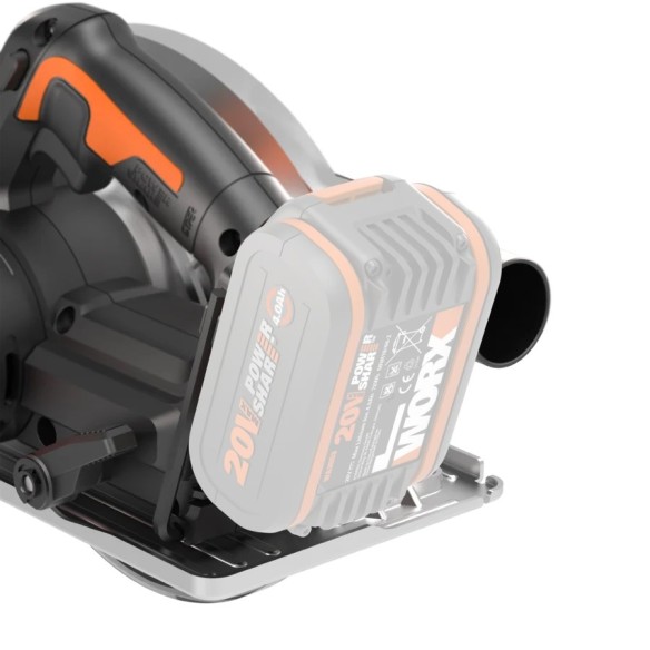 Scie circulaire Brushless 20V Worx | PowerShare | WX520.9 - Sans batterie, ni chargeur | Moteur sans balais, coupe en biseau, ba