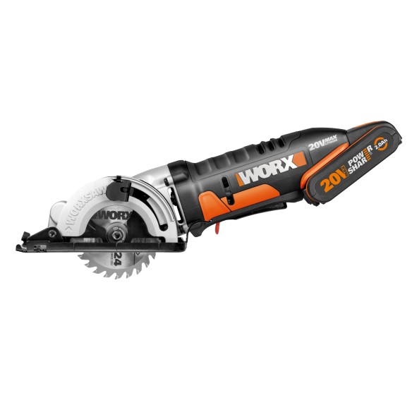 Scie circulaire 85 mm WorxSaw 20V Worx | PowerShare | WX527 - 1 batterie 2Ah | 2500 rpm, maniement à une main, profondeur de cou