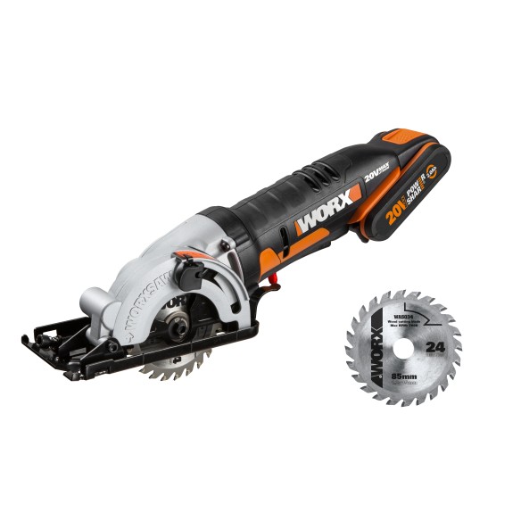 Scie circulaire 85 mm WorxSaw 20V Worx | PowerShare | WX527 - 1 batterie 2Ah | 2500 rpm, maniement à une main, profondeur de cou