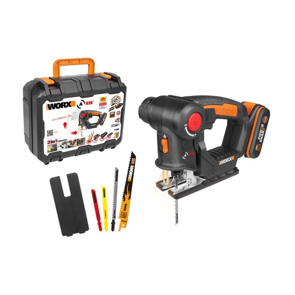 WORX WX550 Scie sabre et scie sauteuse 2 en 1 20V PowerShare, Batterie 2Ah, Changement de lame sans outils, Vitesse variable,