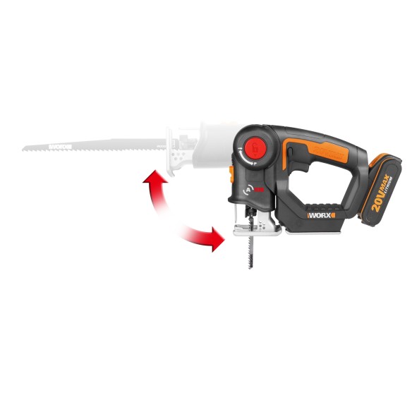 WORX WX550 Scie sabre et scie sauteuse 2 en 1 20V PowerShare, Batterie 2Ah, Changement de lame sans outils, Vitesse variable,