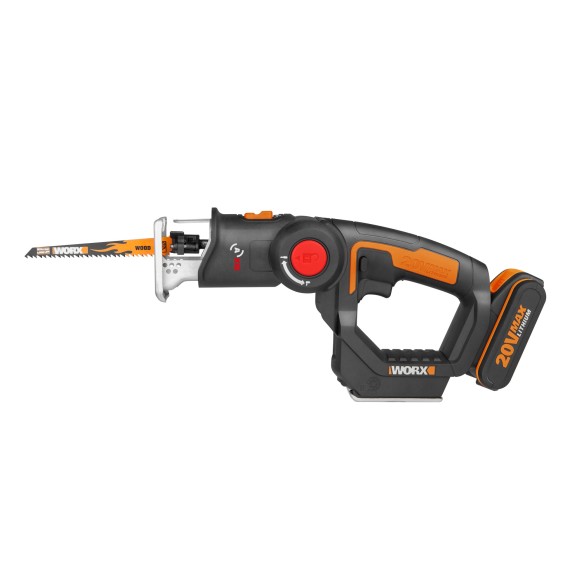 WORX WX550 Scie sabre et scie sauteuse 2 en 1 20V PowerShare, Batterie 2Ah, Changement de lame sans outils, Vitesse variable,