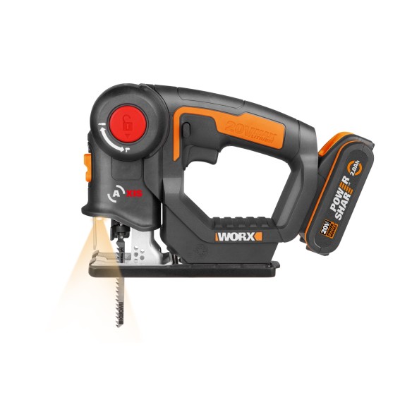 WORX WX550 Scie sabre et scie sauteuse 2 en 1 20V PowerShare, Batterie 2Ah, Changement de lame sans outils, Vitesse variable,