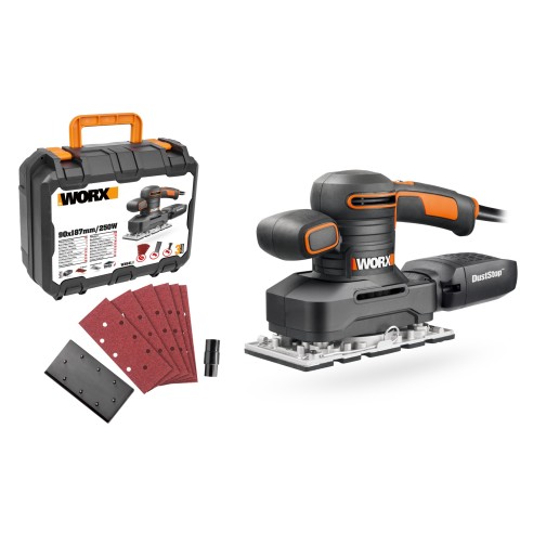 Ponceuse orbitale 250W Worx | WX 641 | Système de fixation de papier abrasif par pince, base en aluminium, design ergonomique