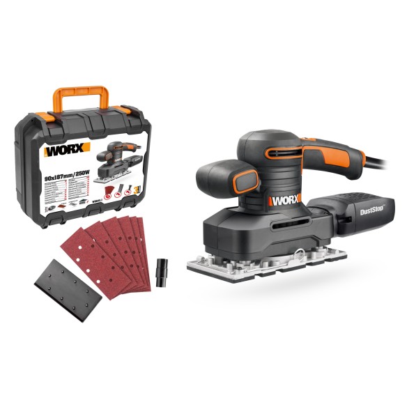 Ponceuse orbitale 250W Worx | WX 641 | Système de fixation de papier abrasif par pince, base en aluminium, design ergonomique