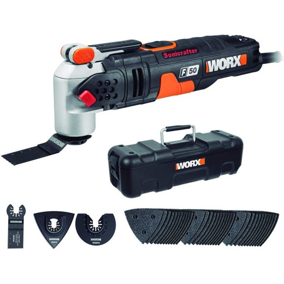 Outils oscillants Sonicrafter 450W F50 Worx | WX681 | Vitesse variable, système Hyperlock | Ancrage universel | Coffret de 39 ac