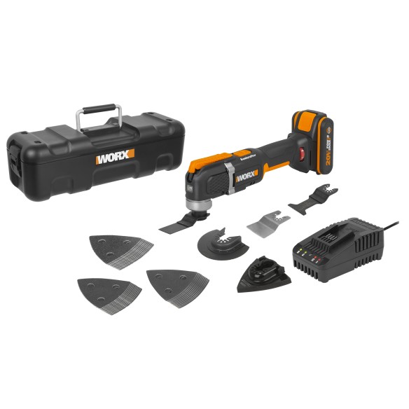 Outil oscillant Sonicrafter 20V Max. Worx | PowerShare | WX 696 | Comprend 1 batterie 2 Ah avec indicateur, chargeur et Coffret 