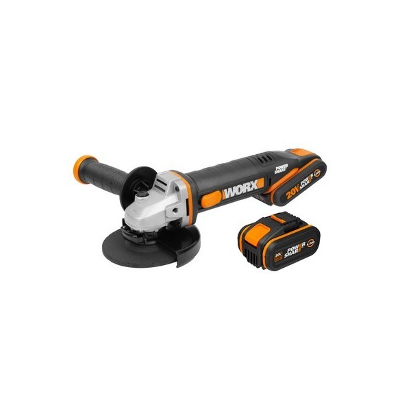 Meuleuse sans-fil Worx WX803 - 125mm 20V PowerShare - Inclut 2 batteries (1x 4Ah 1x 2Ah), Chargeur et Coffret