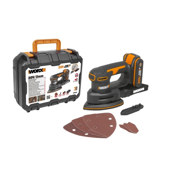 Ponceuse orbitale sans-fil Worx WX822.9 - 20V - Inclut 1 batterie 2Ah, chargeur et Coffret