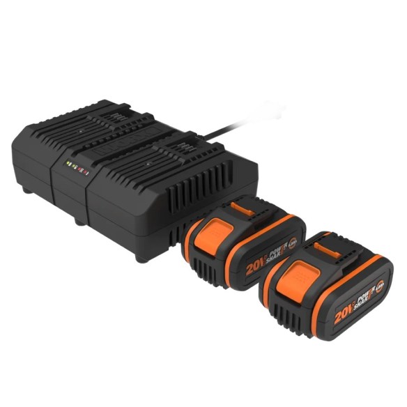 WORX WA3611 - Pack de 2 batteries et Chargeur Double (20 V, 4 Ah, avec indicateur de Niveau de Charge, Compatible avec Tous les 