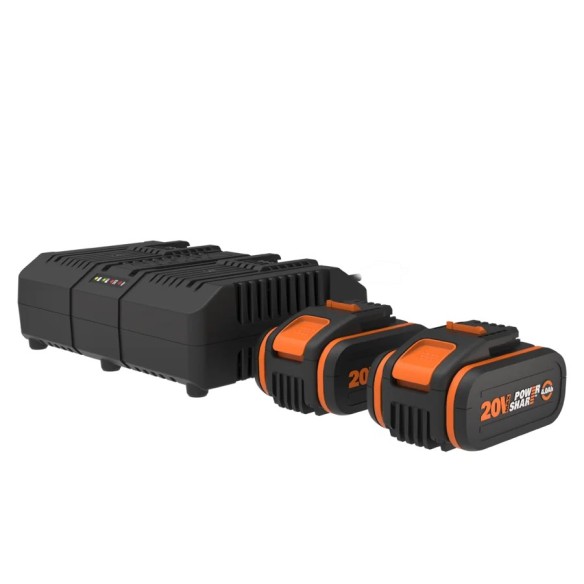 WORX WA3611 - Pack de 2 batteries et Chargeur Double (20 V, 4 Ah, avec indicateur de Niveau de Charge, Compatible avec Tous les 