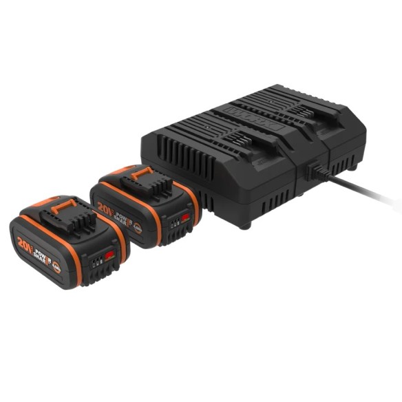 WORX WA3611 - Pack de 2 batteries et Chargeur Double (20 V, 4 Ah, avec indicateur de Niveau de Charge, Compatible avec Tous les 