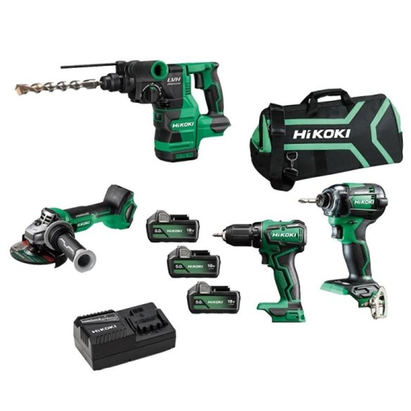 Pack HIKOKI Perceuse + Meuleuse + Perforateur - Burineur + Visseuse à chocs + 3 Batteries + Chargeur + Sac