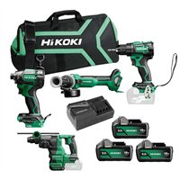 Pack HIKOKI Perceuse + Meuleuse + Perforateur - Burineur + Visseuse à chocs + 3 Batteries + Chargeur + Sac
