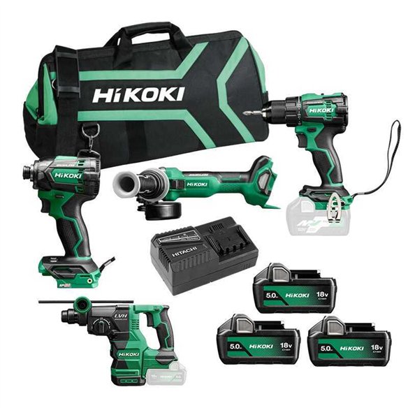 Pack HIKOKI Perceuse + Meuleuse + Perforateur - Burineur + Visseuse à chocs + 3 Batteries + Chargeur + Sac