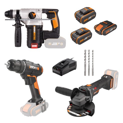Pack Worx Marteau SDS-PLUS+ Meuleuse 20V + Perceuse Visseuse