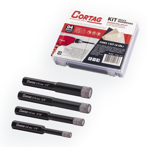 Kit de 4 Forets en Diamant Cortag | 6 mm, 8 mm, 10 mm et 12 mm | Utilisation à Sec | pour perceuse