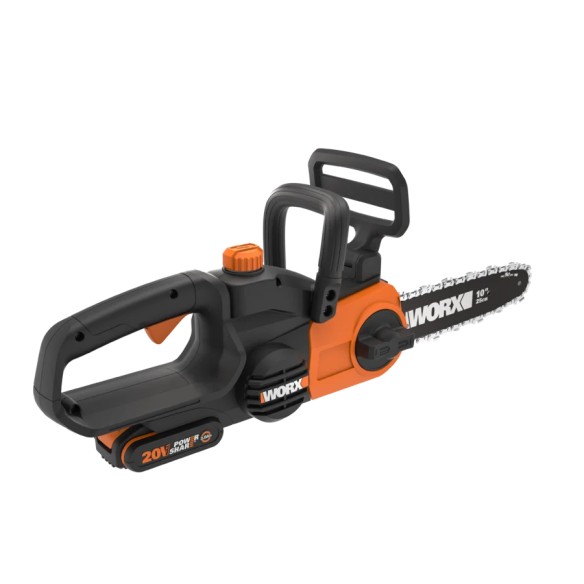 Worx WG322E.1 – Tronçonneuse à batterie 20V, lame 25 cm, tension automatique de chaîne, inclut batterie et chargeur.