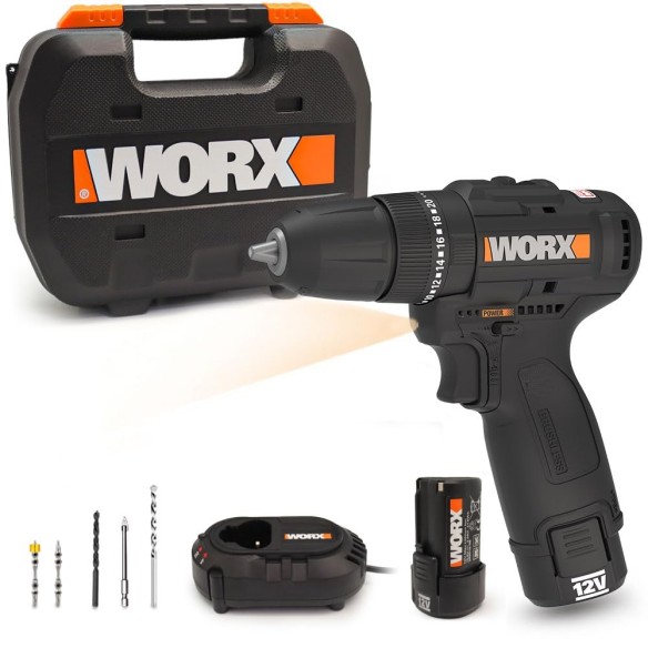 Worx WX121 – Perceuse à percussion sans fil 12V Max, moteur sans balais, 40Nm, inclut 2 batteries 2,0Ah, chargeur et Coffret.