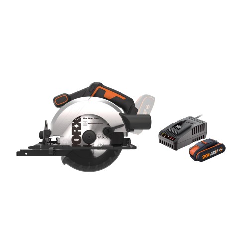Worx WX526 – Scie circulaire à batterie 20V PowerShare, disque 165 mm, inclut batterie 2,0Ah et chargeur.