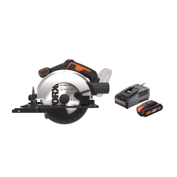 Worx WX526 – Scie circulaire à batterie 20V PowerShare, disque 165 mm, inclut batterie 2,0Ah et chargeur.