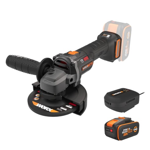 Worx WX814 – Meuleuse angulaire sans-fil 20V PowerShare 125 mm, inclut Coffret batterie 4,0 Ah et chargeur.