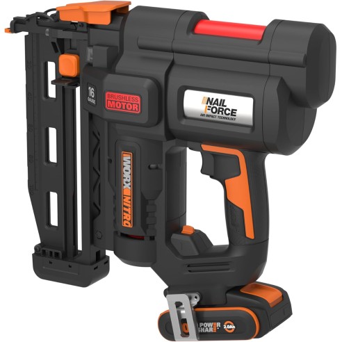 Cloueur à batterie Worx WX841 Nitro - Jusqu'à 64 mm dans le bois | Avec Batterie 20V 2,0Ah et Chargeur