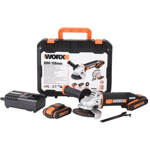 Meuleuse sans-fil WORX WX800.2 | 115 mm | 20V | avec 2 Batteries 2,0 Ah + Chargeur