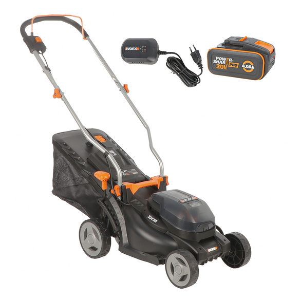 NOM : Tondeuse à gazon sans fil WORX WG733E 33 cm | 20V | moteur sans balais | 1 batterie 4,0 Ah + chargeur | sac 35 L