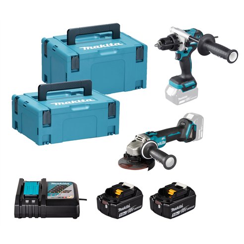 Kit 18V Makita DLX2552TJ | Perceuse Percussion DHP492 | Meuleuse DGA504 125 mm | 2 Batteries 5,0 Ah | Chargeur et Coffret Makpac