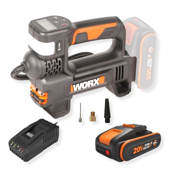 Inflateur et lampe 20V Worx | PowerShare | WX092-1 batterie 2Ah et chargeur | 4 Fonctions, lumière LED | Embouts de gonflage pou